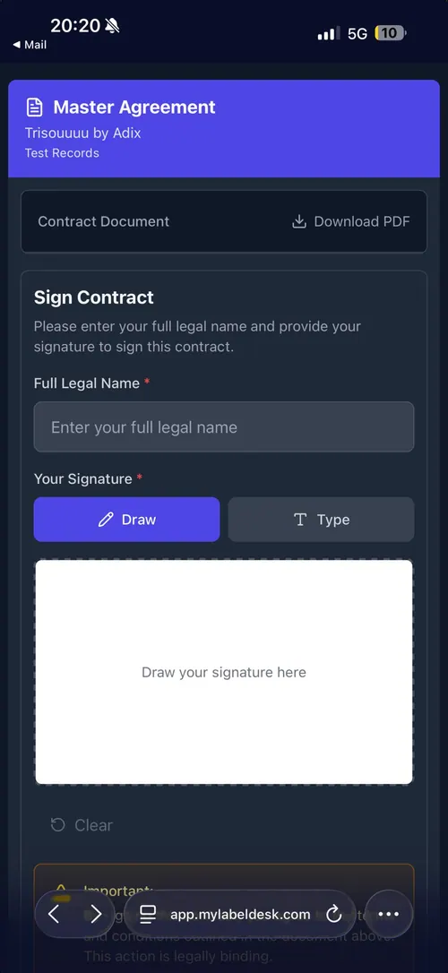 Signing a master agreement in MyLabelDesk